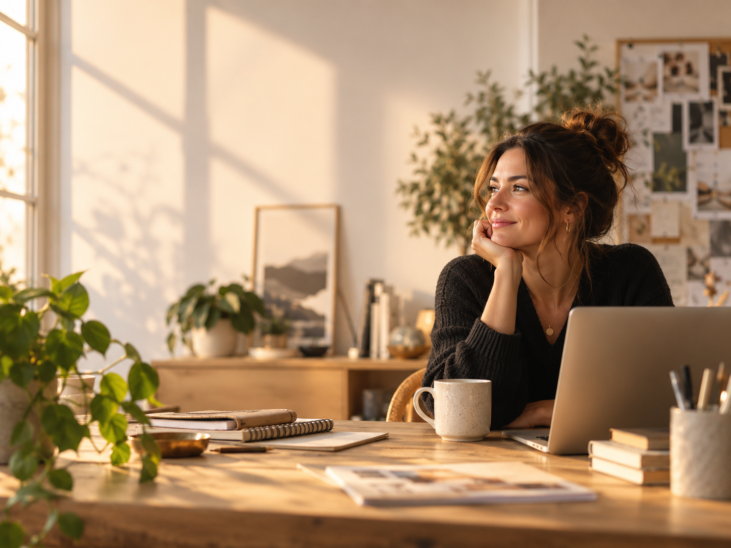 Solo agency owner working calmly in a golden-hour studio