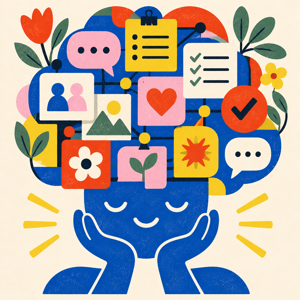 An illustrated Etta holding a connected collection of client notes, approvals, and creative work